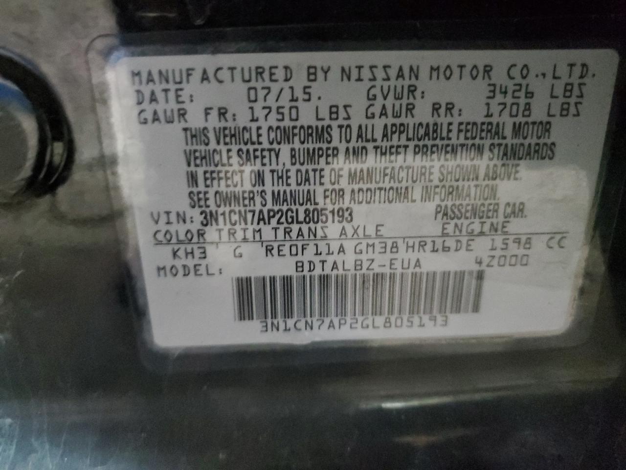 2016 Nissan Versa VIN 3N1CN7AP2GL805193 Copart auction photo, front end / mechanical damage thumbnail 13