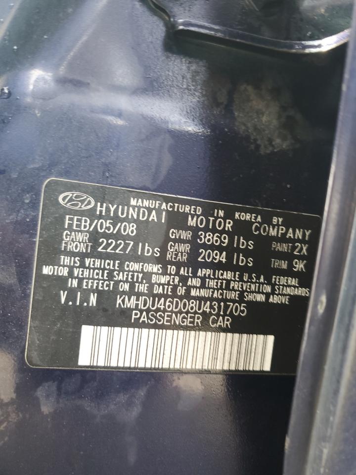 2008 Hyundai Elantra VIN KMHDU46D08U431705 Copart auction photo, rear end / front end damage thumbnail 12