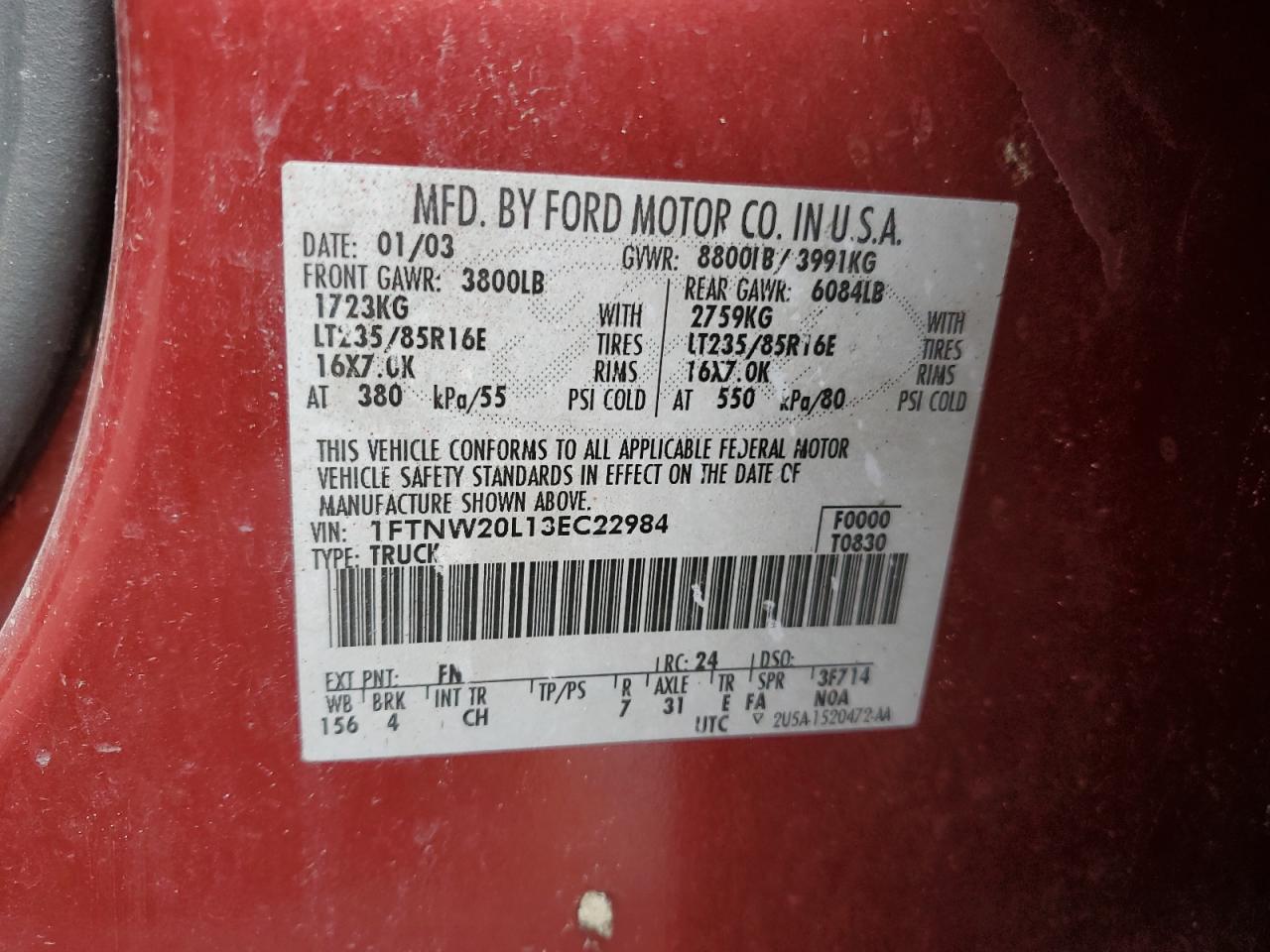 2003 Ford F250 VIN 1FTNW20L13EC22984 Copart auction photo, front end damage thumbnail 12