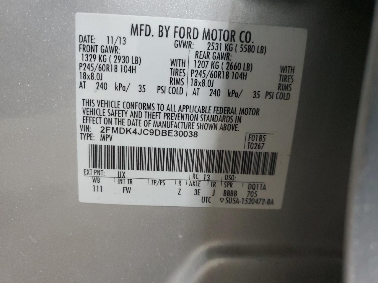 2013 Ford Edge VIN 2FMDK4JC9DBE30038 Copart auction photo, front end damage thumbnail 13
