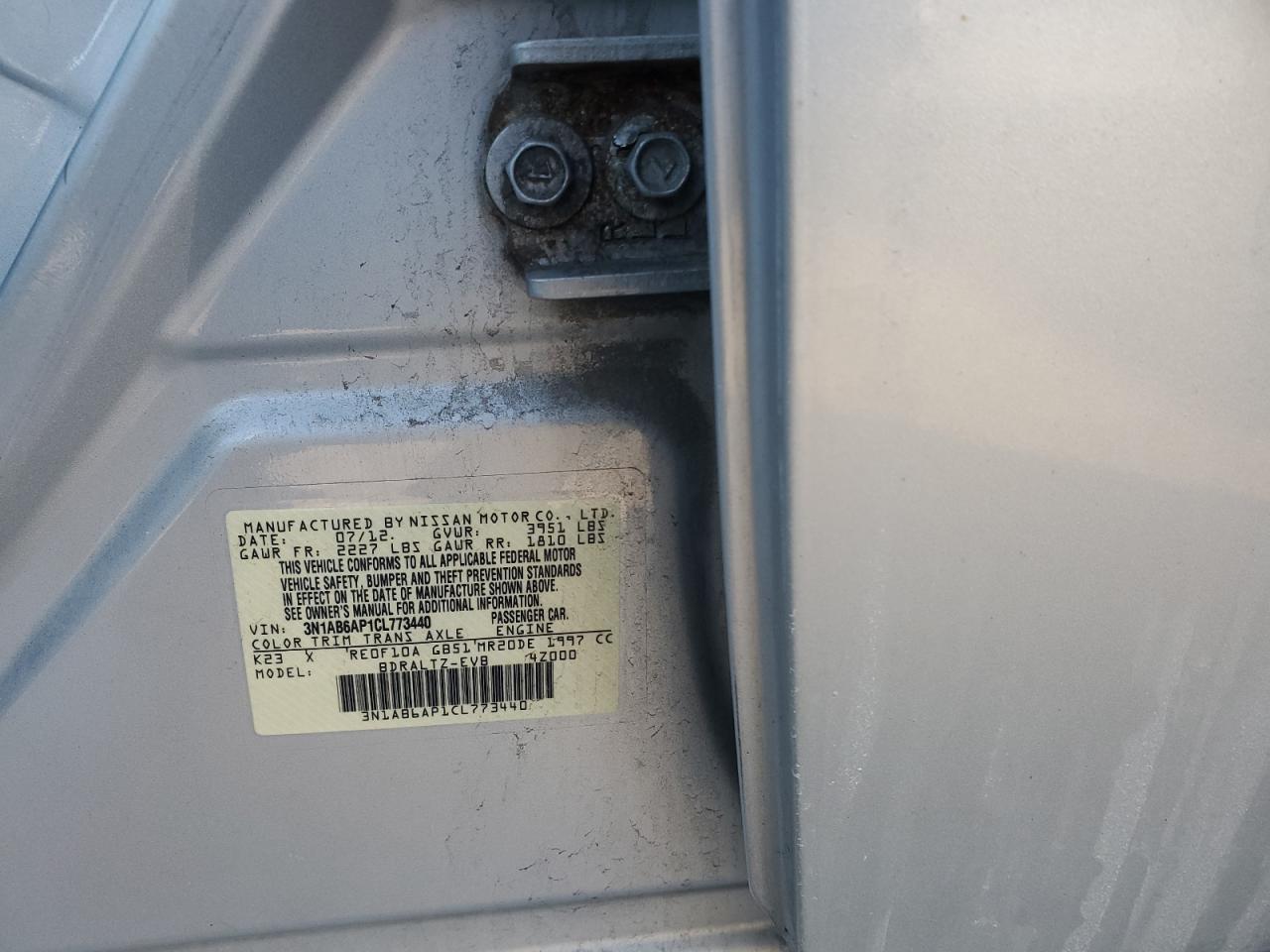 2012 Nissan Sentra VIN 3N1AB6AP1CL773440 Copart auction photo, front end damage thumbnail 12