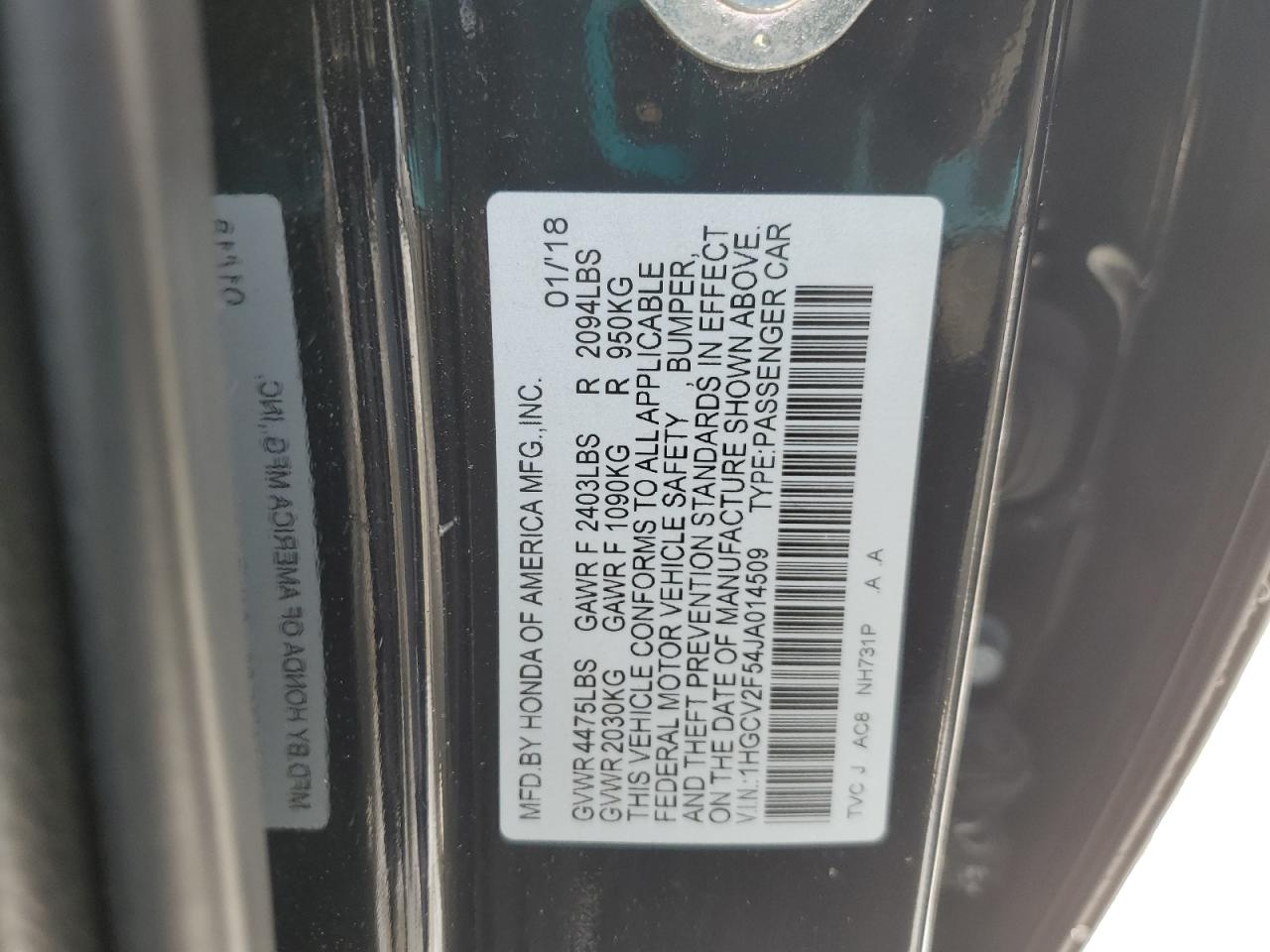2018 Honda Accord VIN 1HGCV2F54JA014509 Copart auction photo, front end / undercarriage damage thumbnail 13