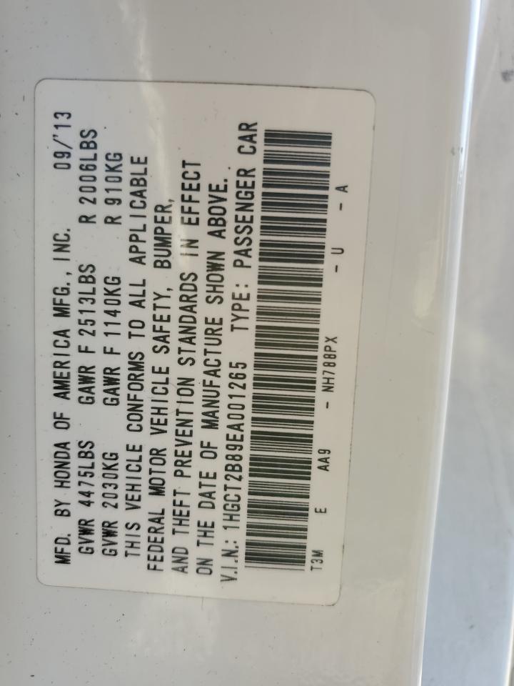 2014 Honda Accord VIN 1HGCT2B89EA001265 Copart auction photo, front end / side damage thumbnail 14