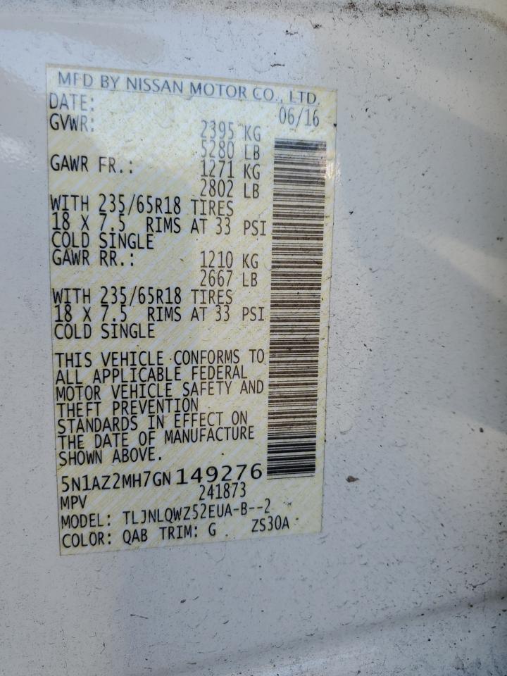 2016 Nissan Murano VIN 5N1AZ2MH7GN149276 Copart auction photo, vandalism damage thumbnail 13
