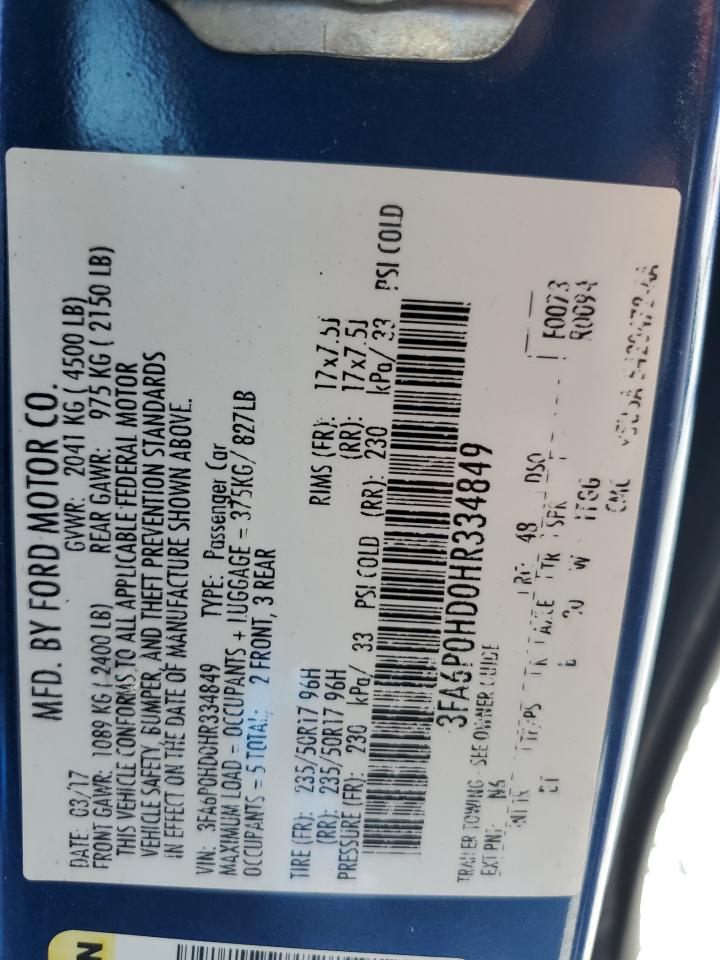 2017 Ford Fusion VIN 3FA6P0HD0HR334849 Copart auction photo, front end / undercarriage damage thumbnail 13