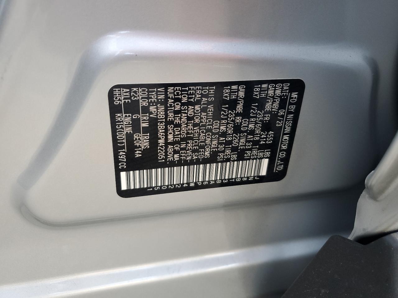 2023 Nissan Rogue VIN JN8BT3BA6PW422051 Copart auction photo, front end damage thumbnail 16