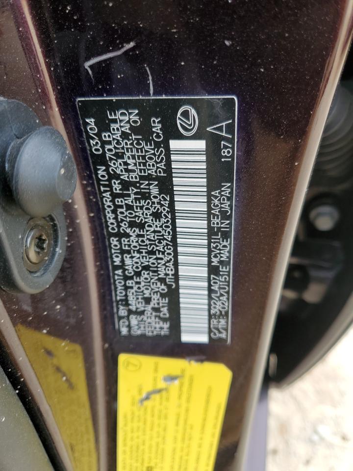 2004 Lexus ES VIN JTHBA30G745032942 Copart auction photo, front end / all over damage thumbnail 13