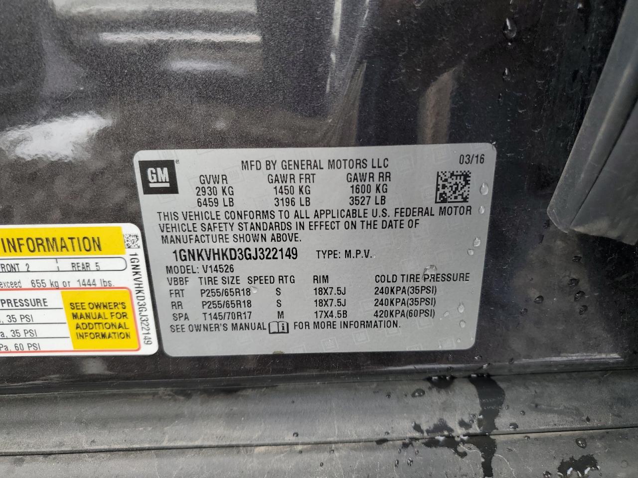 2016 Chevrolet Traverse VIN 1GNKVHKD3GJ322149 Copart auction photo, rear end / side damage thumbnail 12