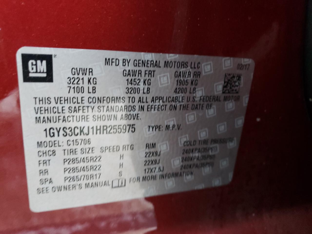 2017 Cadillac Escalade VIN 1GYS3CKJ1HR255975 Copart auction photo, front end / minor dent/scratches damage thumbnail 15