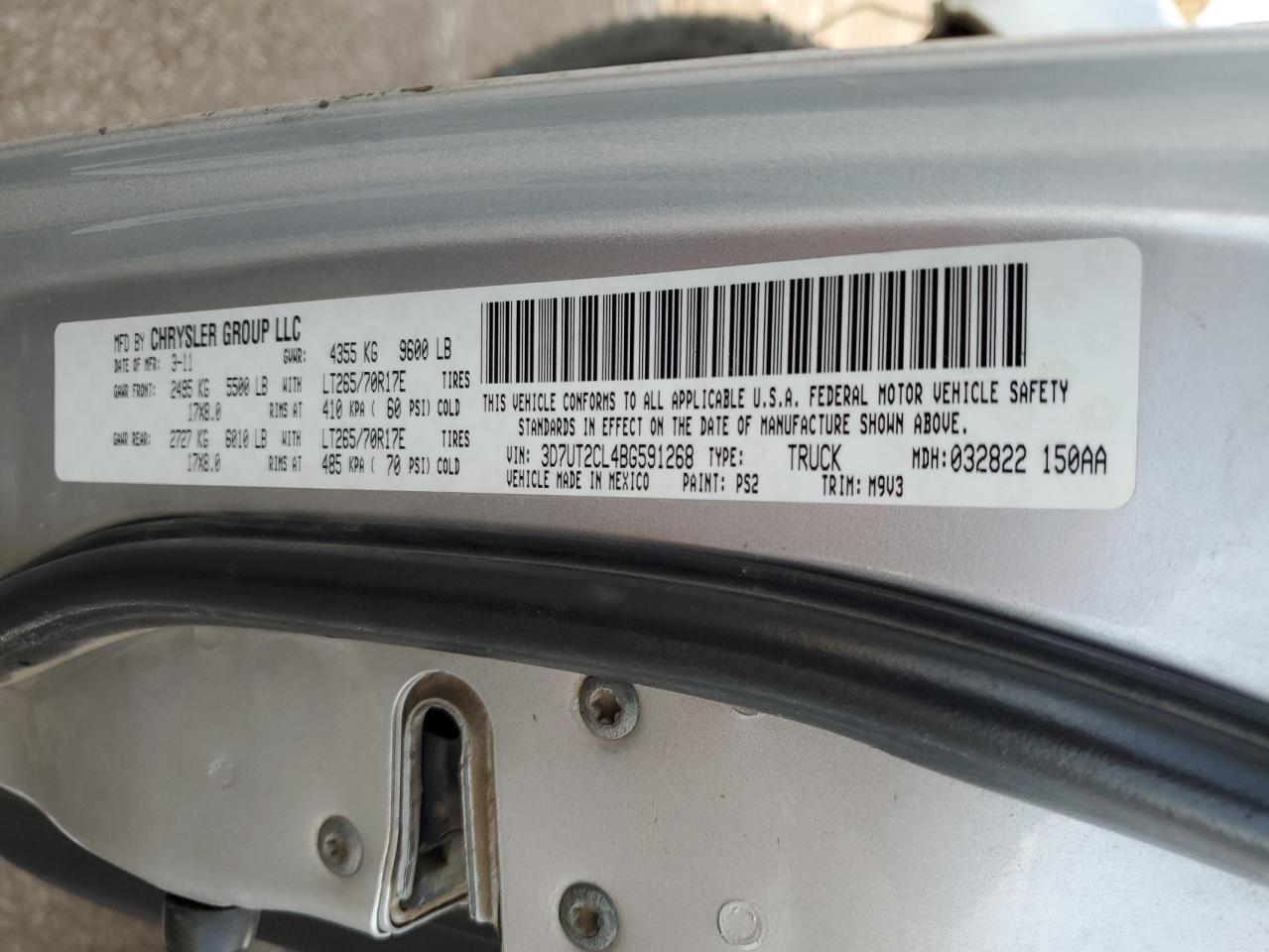 2011 Dodge RAM VIN 3D7UT2CL4BG591268 Copart auction photo, front end / side damage thumbnail 15