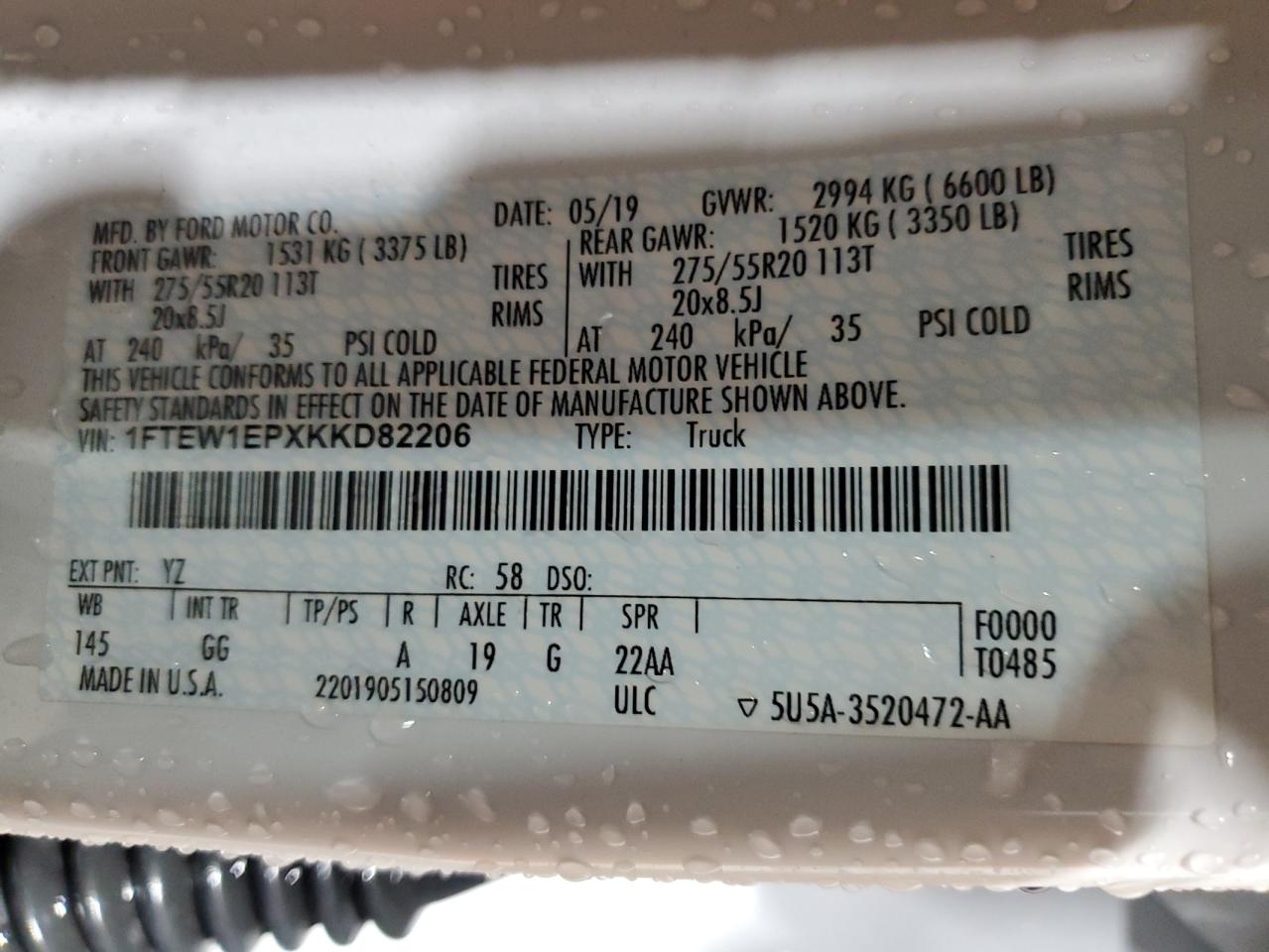 2019 Ford F-150 VIN 1FTEW1EPXKKD82206 Copart auction photo, front end damage thumbnail 14