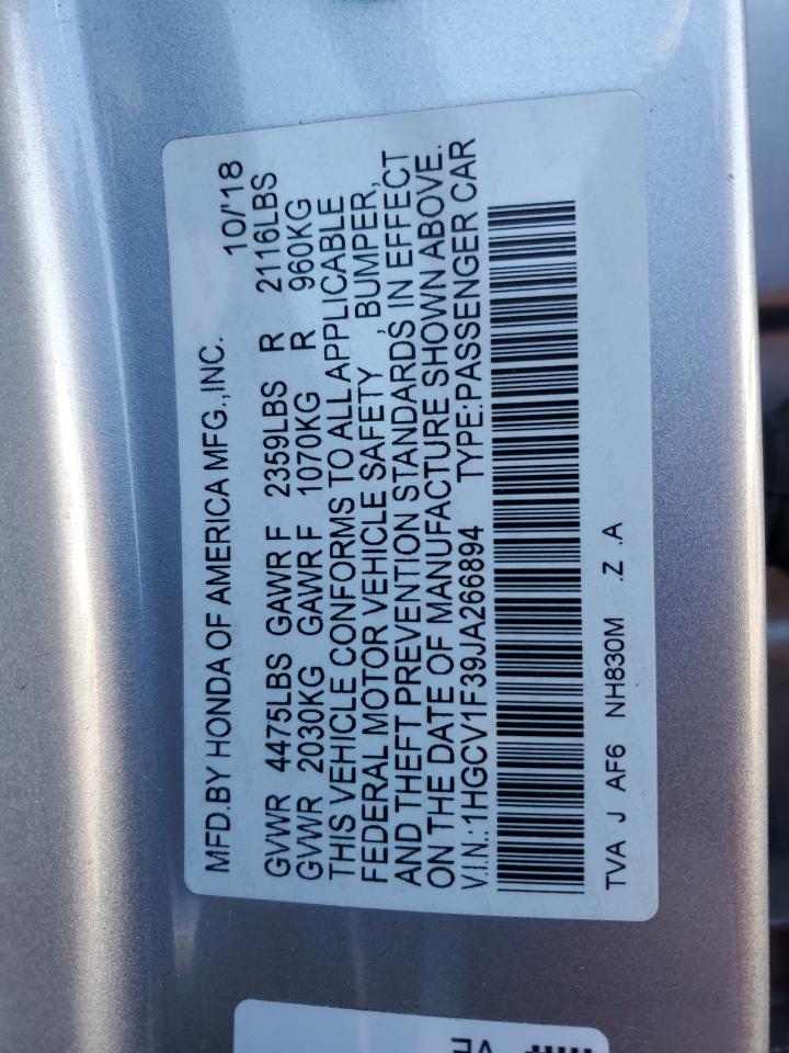 2018 Honda Accord VIN 1HGCV1F39JA266894 Copart auction photo, rear end damage thumbnail 15