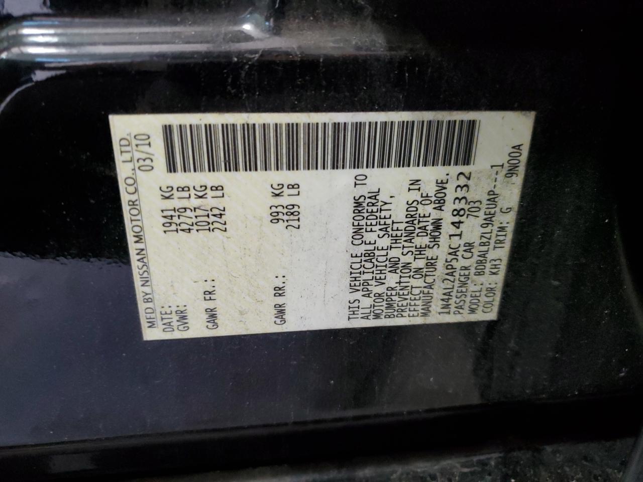 2010 Nissan Altima VIN 1N4AL2AP5AC148332 Copart auction photo, rear end damage thumbnail 14