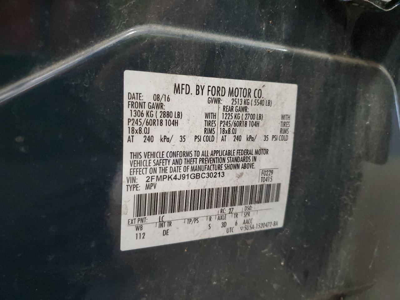 2016 Ford Edge VIN 2FMPK4J91GBC30213 Copart auction photo, front end damage thumbnail 13