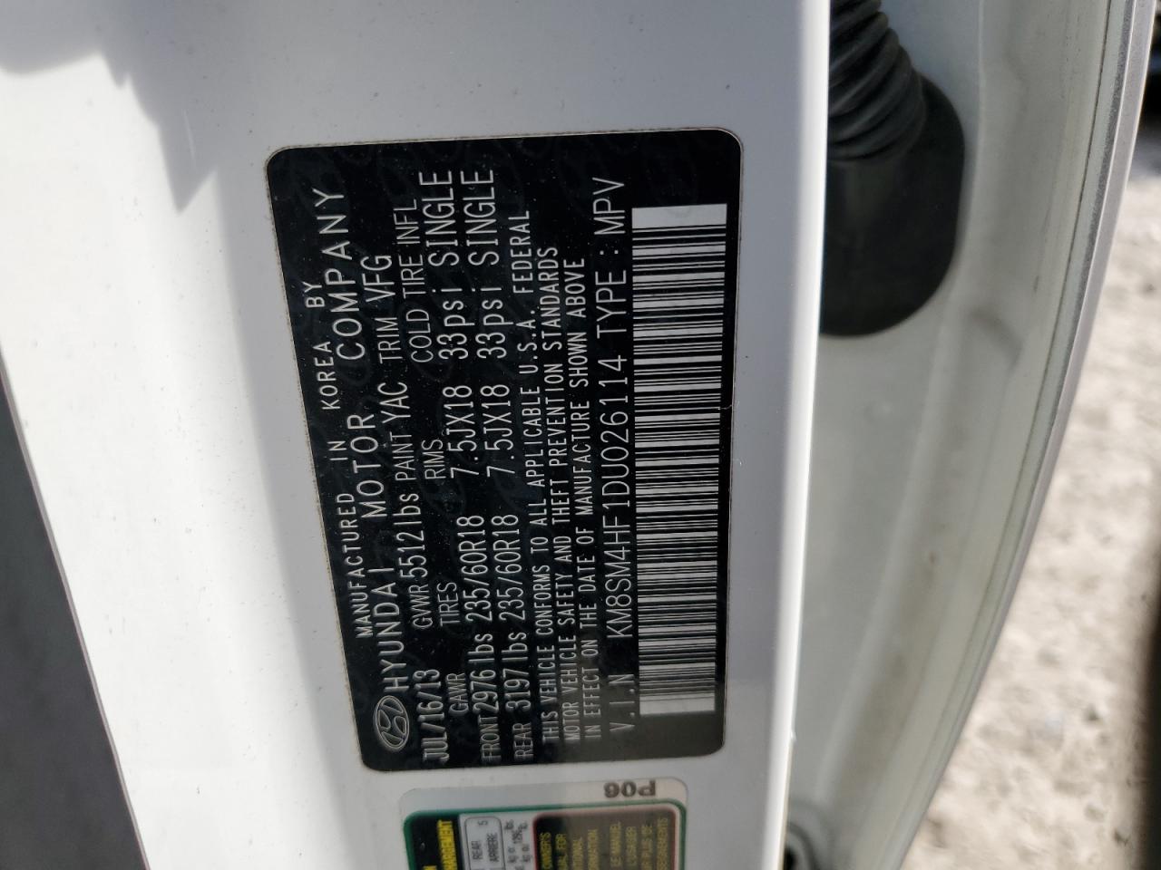 2013 Hyundai Santa Fe VIN KM8SM4HF1DU026114 Copart auction photo, side damage thumbnail 13