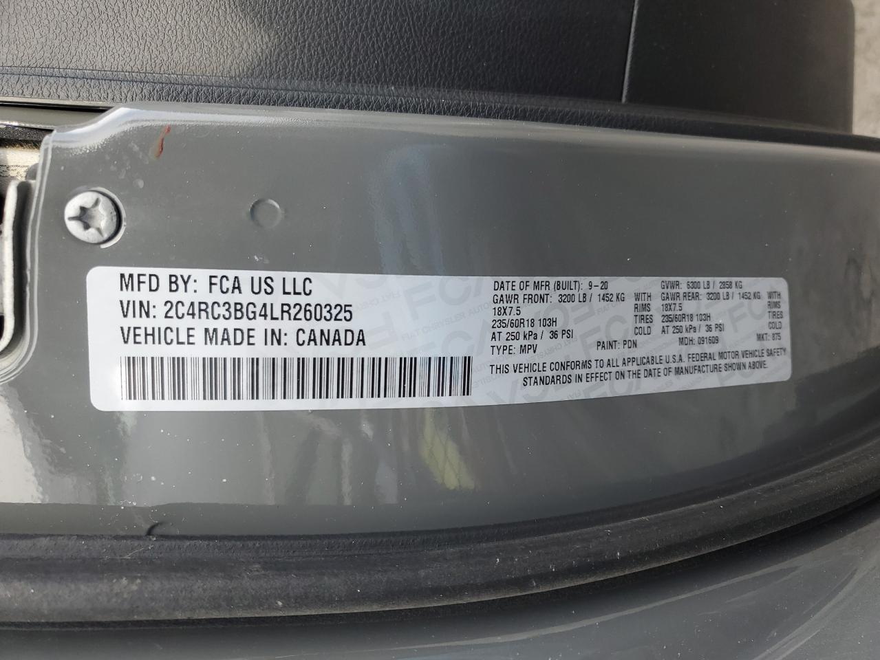 2020 Chrysler Pacifica VIN 2C4RC3BG4LR260325 Copart auction photo, front end / side damage thumbnail 13
