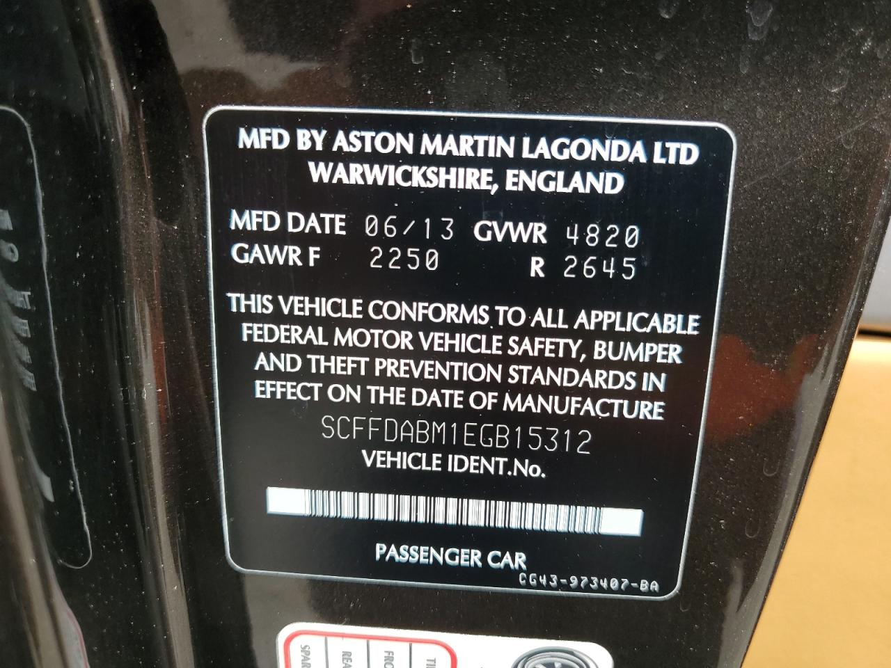 2014 Aston Martin DB9 VIN SCFFDABM1EGB15312 Copart auction photo, front end damage thumbnail 12