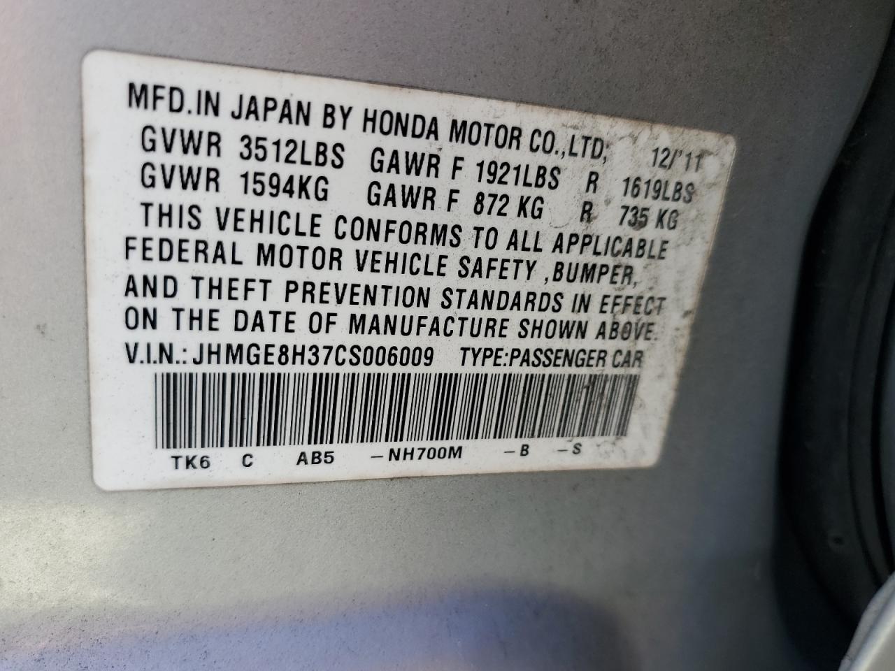 2012 Honda Fit VIN JHMGE8H37CS006009 Copart auction photo, side / front end damage thumbnail 11