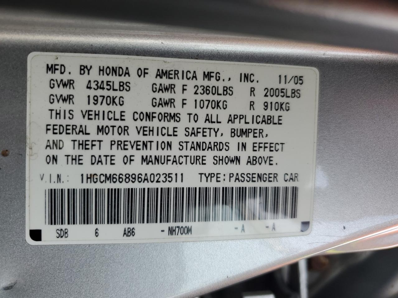 2006 Honda Accord VIN 1HGCM66896A023511 Copart auction photo, front end damage thumbnail 14