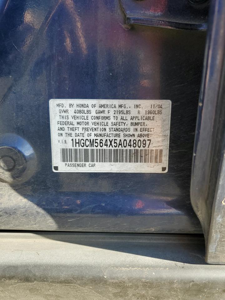 2005 Honda Accord VIN 1HGCM564X5A048097 Copart auction photo, rear end damage thumbnail 12