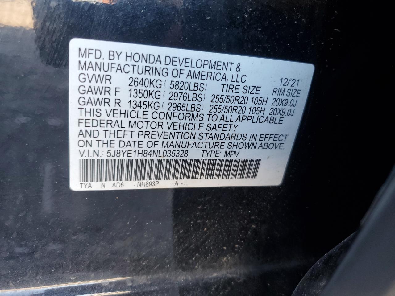 2022 Acura MDX VIN 5J8YE1H84NL035328 Copart auction photo, front end damage thumbnail 15