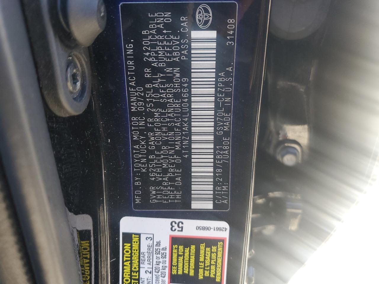 2020 Toyota Camry VIN 4T1NZ1AK4LU046649 Copart auction photo, front end / rear end damage thumbnail 14