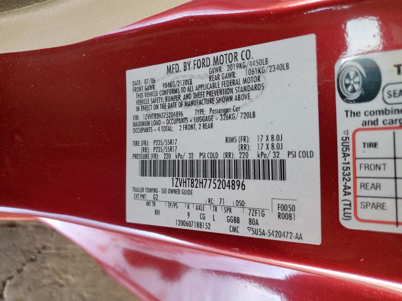 2007 Ford Mustang VIN 1ZVHT82H775204896 Copart auction photo, front end / rear end damage thumbnail 13