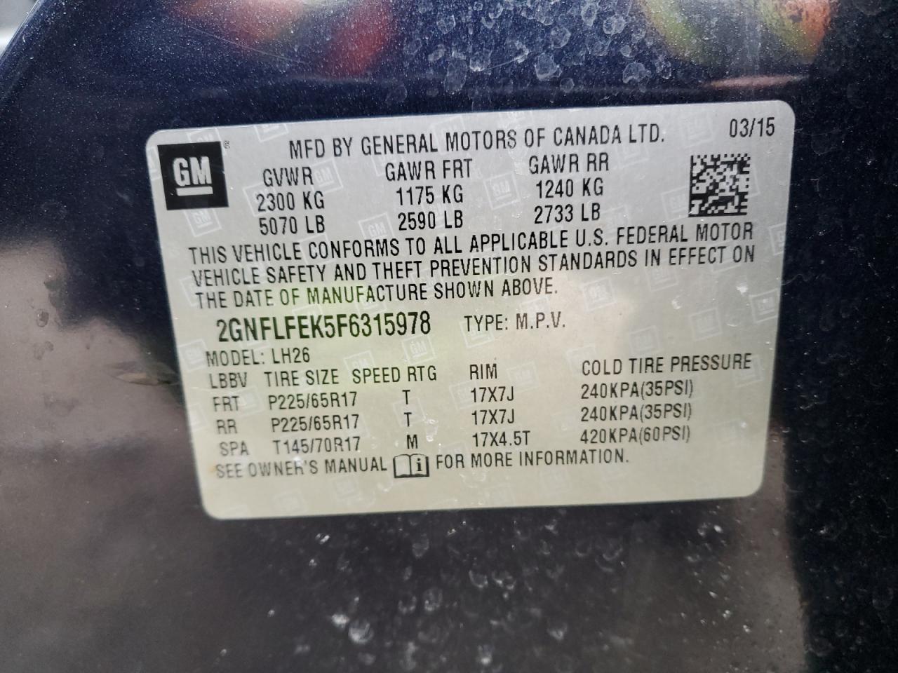2015 Chevrolet Equinox VIN 2GNFLFEK5F6315978 Copart auction photo, front end damage thumbnail 13