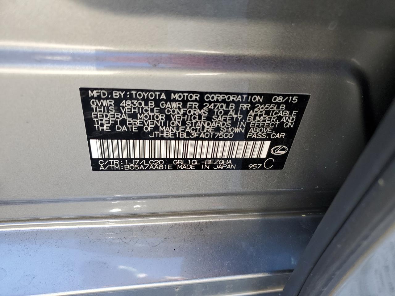 2015 Lexus GS VIN JTHBE1BL3FA017500 Copart auction photo, rear end damage thumbnail 12