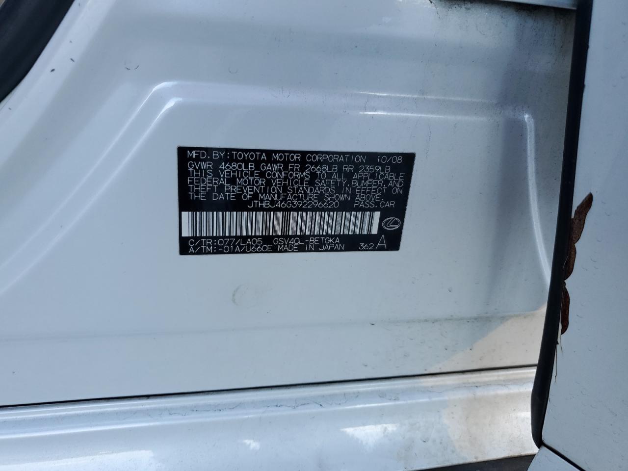 2009 Lexus ES VIN JTHBJ46G392296620 Copart auction photo, side / front end damage thumbnail 14