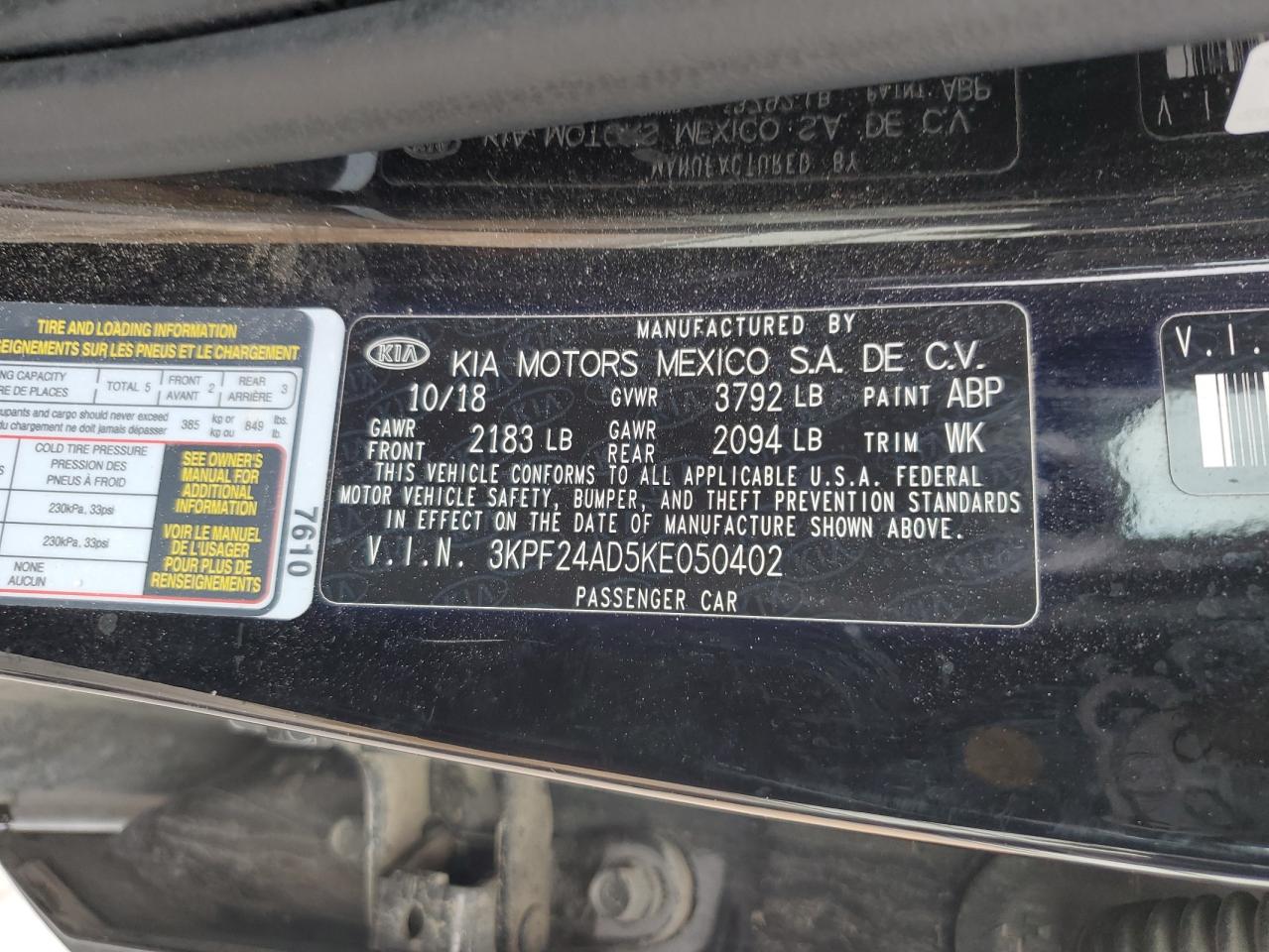 2019 KIA Forte VIN 3KPF24AD5KE050402 Copart auction photo, rear end / minor dent/scratches damage thumbnail 12