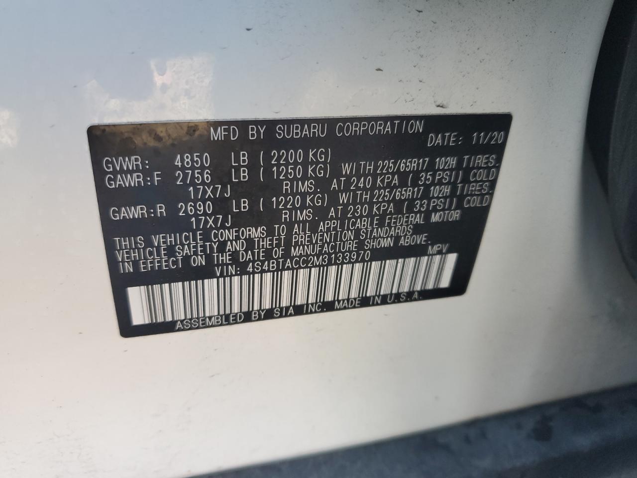 2021 Subaru Outback VIN 4S4BTACC2M3133970 Copart auction photo, front end damage thumbnail 13