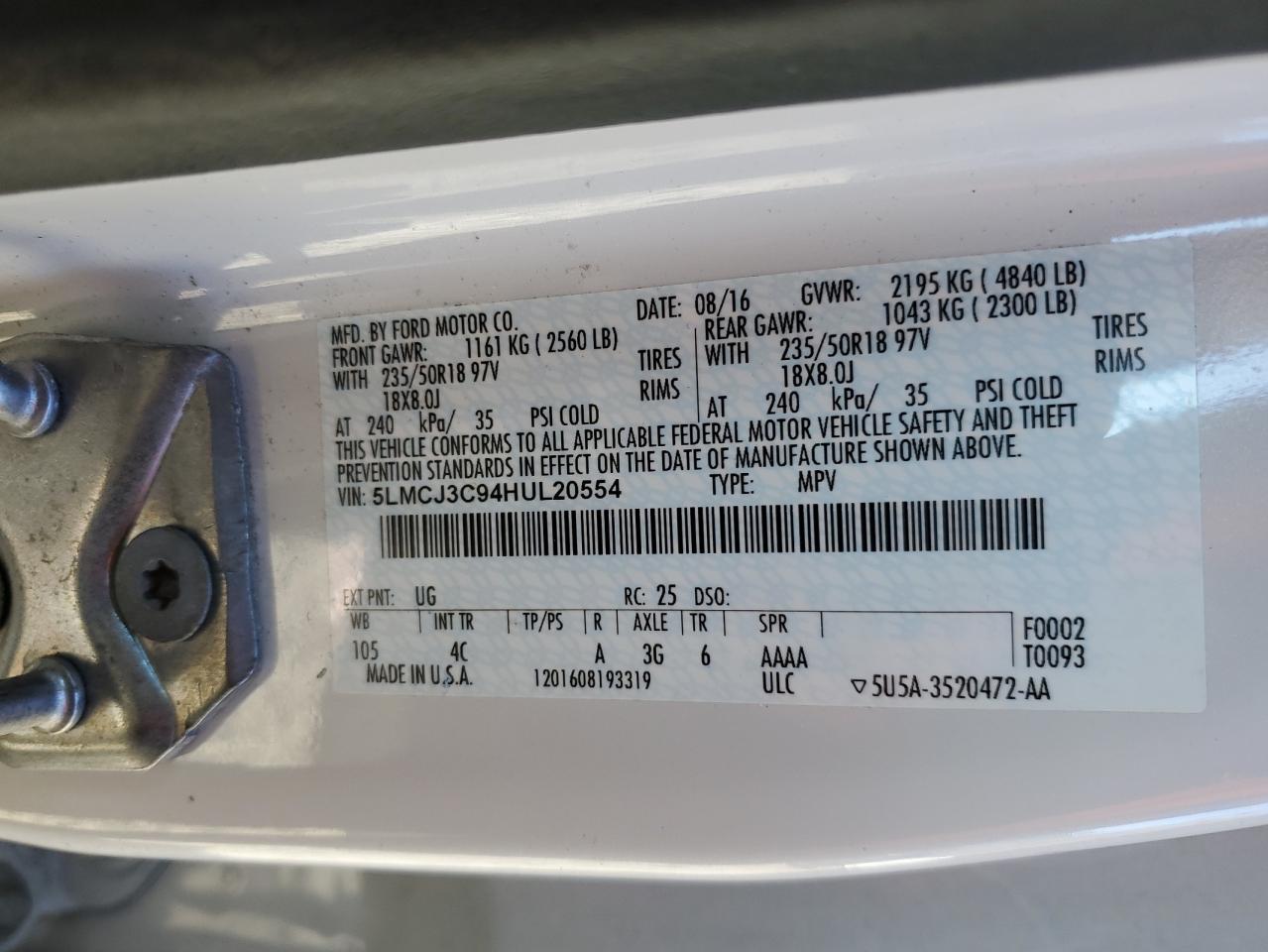 2017 Lincoln MKC VIN 5LMCJ3C94HUL20554 Copart auction photo, rear end / front end damage thumbnail 14