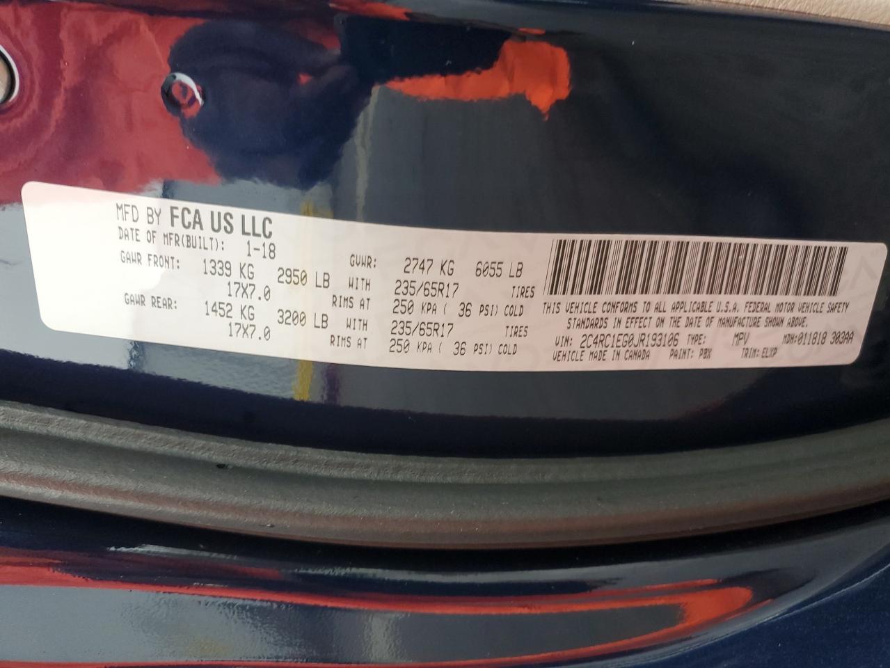 2018 Chrysler Pacifica VIN 2C4RC1EG0JR193106 Copart auction photo, rear end / minor dent/scratches damage thumbnail 15