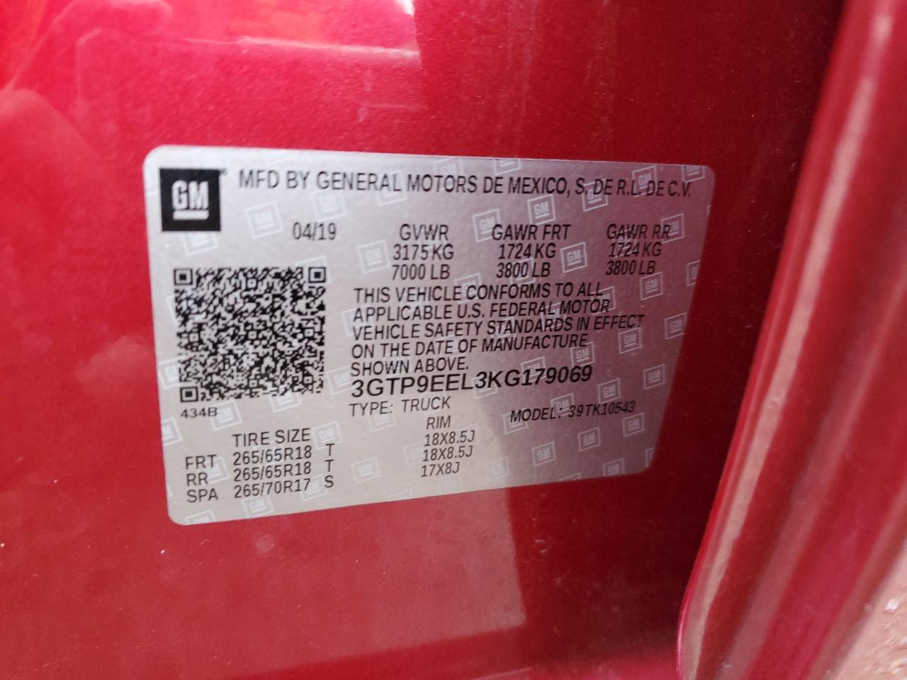 2019 GMC Sierra VIN 3GTP9EEL3KG179069 Copart auction photo, side / rear end damage thumbnail 14