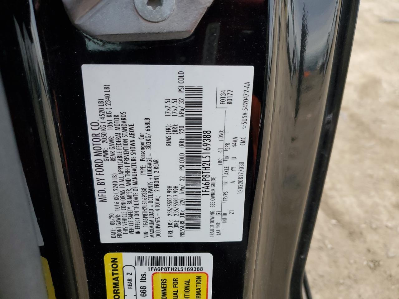 2020 Ford Mustang VIN 1FA6P8TH2L5169388 Copart auction photo, front end / side damage thumbnail 13