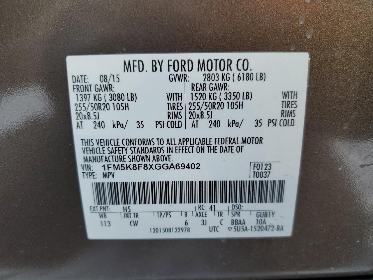 2016 Ford Explorer VIN 1FM5K8F8XGGA69402 Copart auction photo, front end / undercarriage damage thumbnail 13