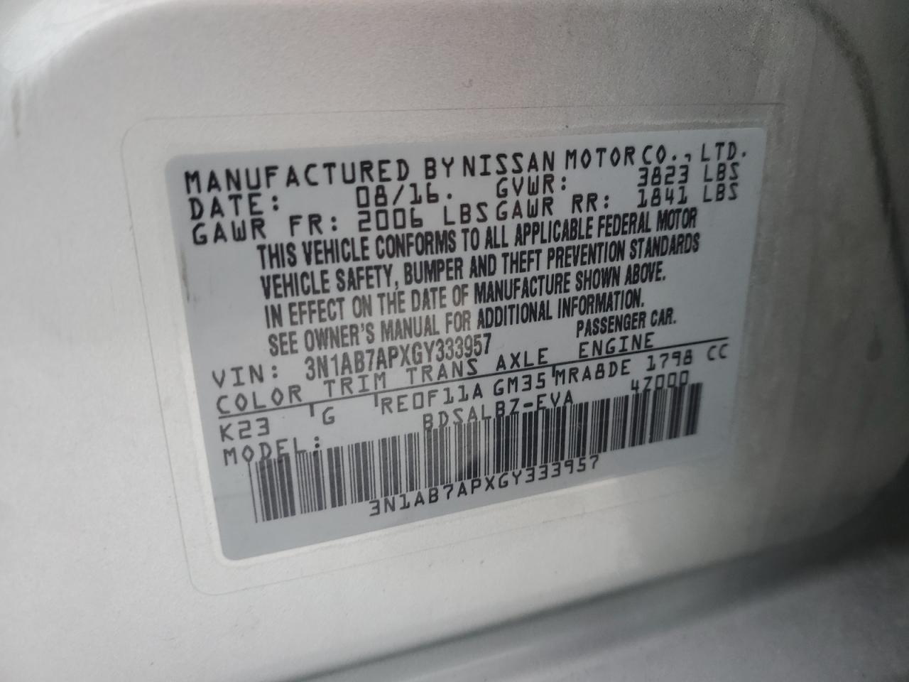 2016 Nissan Sentra VIN 3N1AB7APXGY333957 Copart auction photo, front end / minor dent/scratches damage thumbnail 13