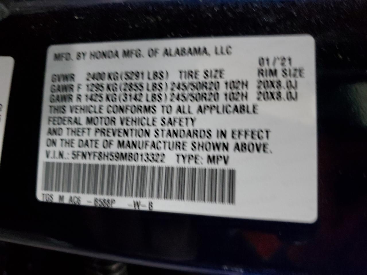 2021 Honda Passport VIN 5FNYF8H59MB013322 Copart auction photo, rear end damage thumbnail 13