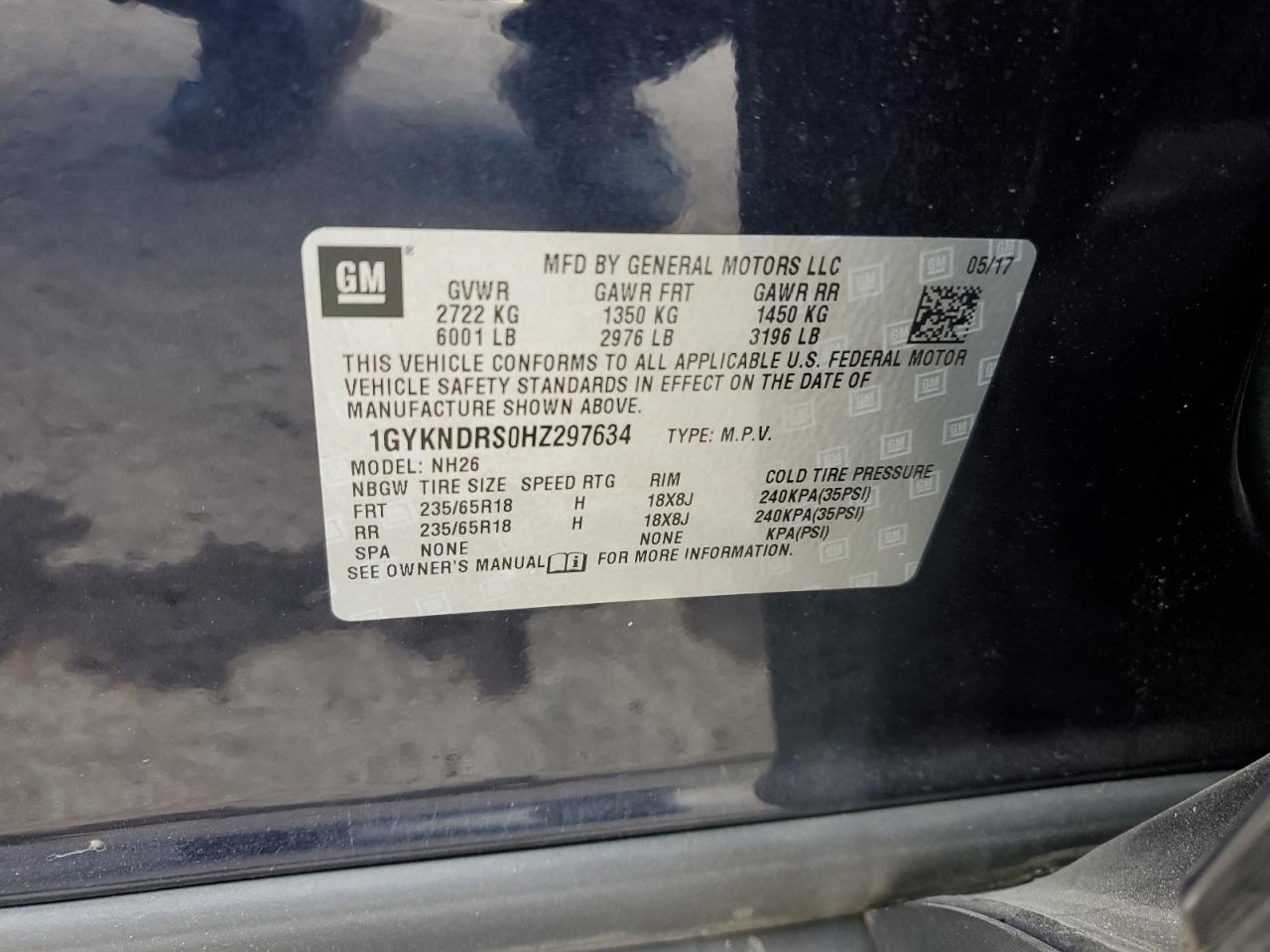 2017 Cadillac XT5 VIN 1GYKNDRS0HZ297634 Copart auction photo, rear end damage thumbnail 13