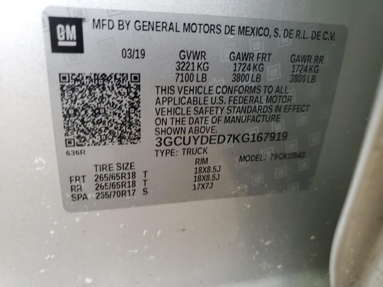 2019 Chevrolet Silverado VIN 3GCUYDED7KG167919 Copart auction photo, rear end / front end damage thumbnail 12