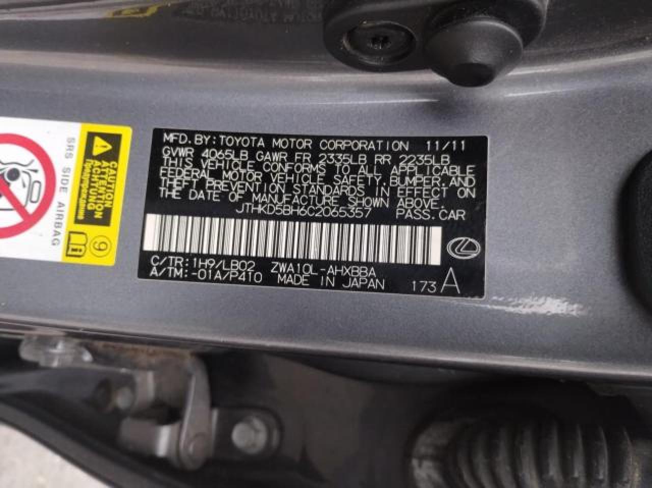 2012 Lexus CT VIN JTHKD5BH6C2065357 Copart auction photo, normal wear / minor dent/scratches damage thumbnail 10