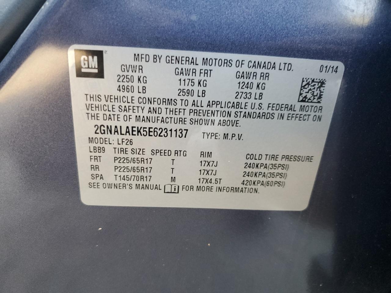 2014 Chevrolet Equinox VIN 2GNALAEK5E6231137 Copart auction photo, front end damage thumbnail 12
