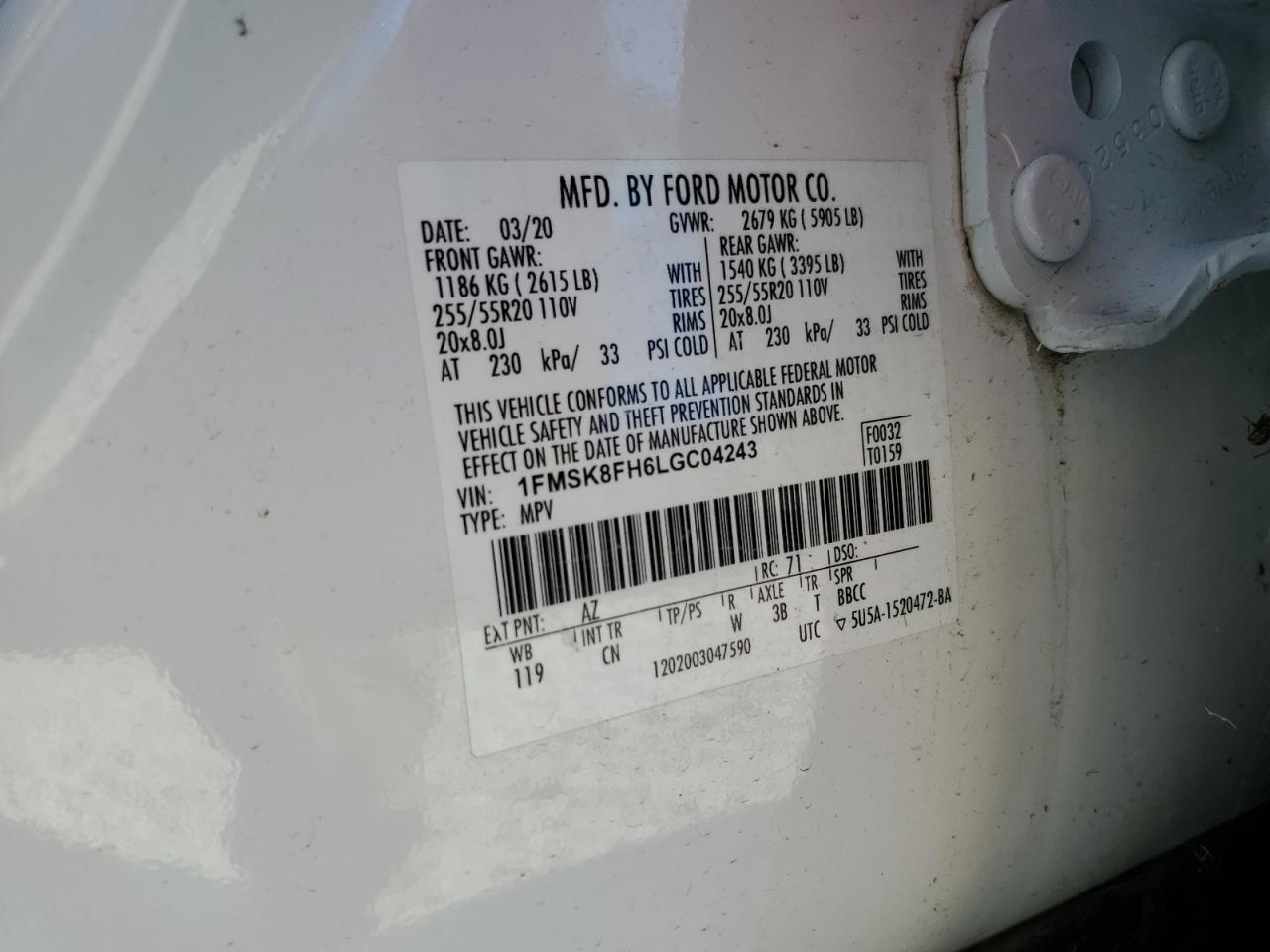 2020 Ford Explorer VIN 1FMSK8FH6LGC04243 Copart auction photo, side damage thumbnail 13