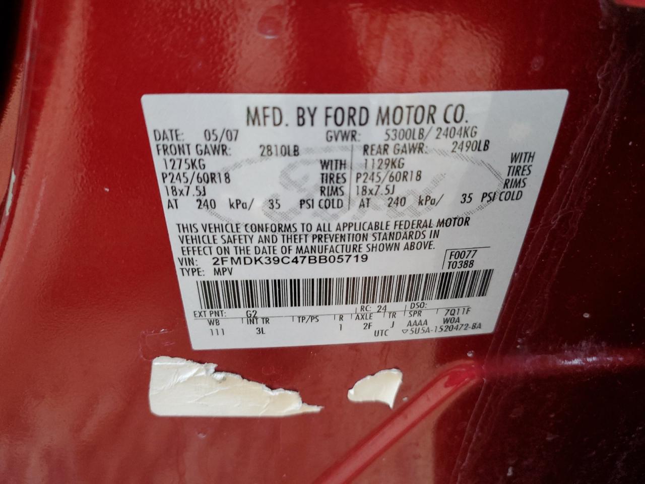 2007 Ford Edge VIN 2FMDK39C47BB05719 Copart auction photo, front end damage thumbnail 15