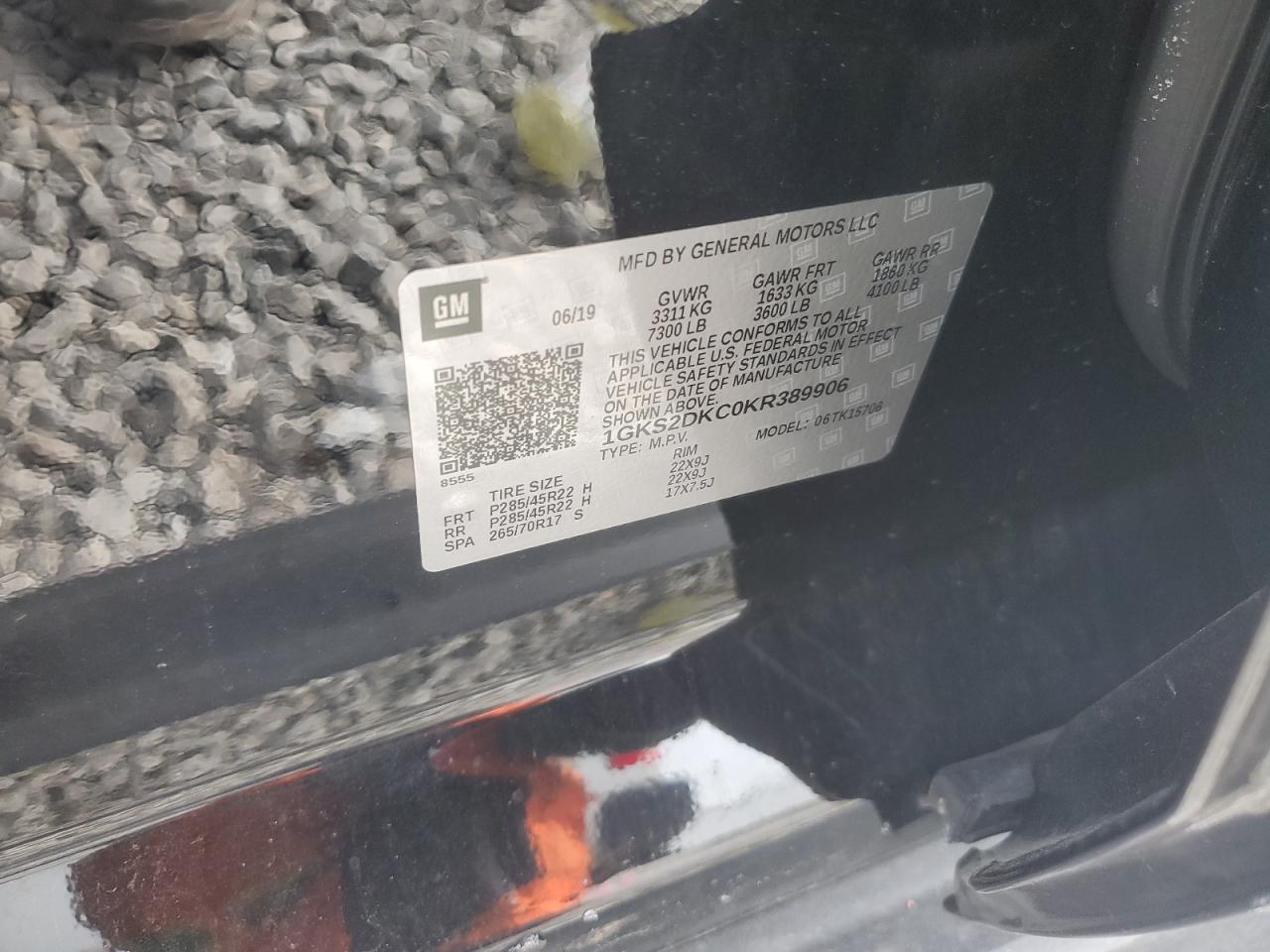 2019 GMC Yukon VIN 1GKS2DKC0KR389906 Copart auction photo, front end / frame damage damage thumbnail 14