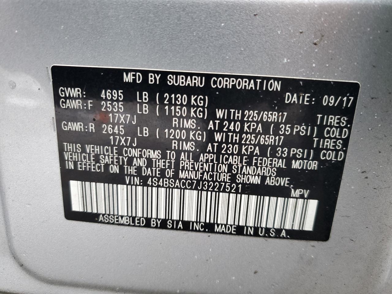 2018 Subaru Outback VIN 4S4BSACC7J3227521 Copart auction photo, rear end / side damage thumbnail 14