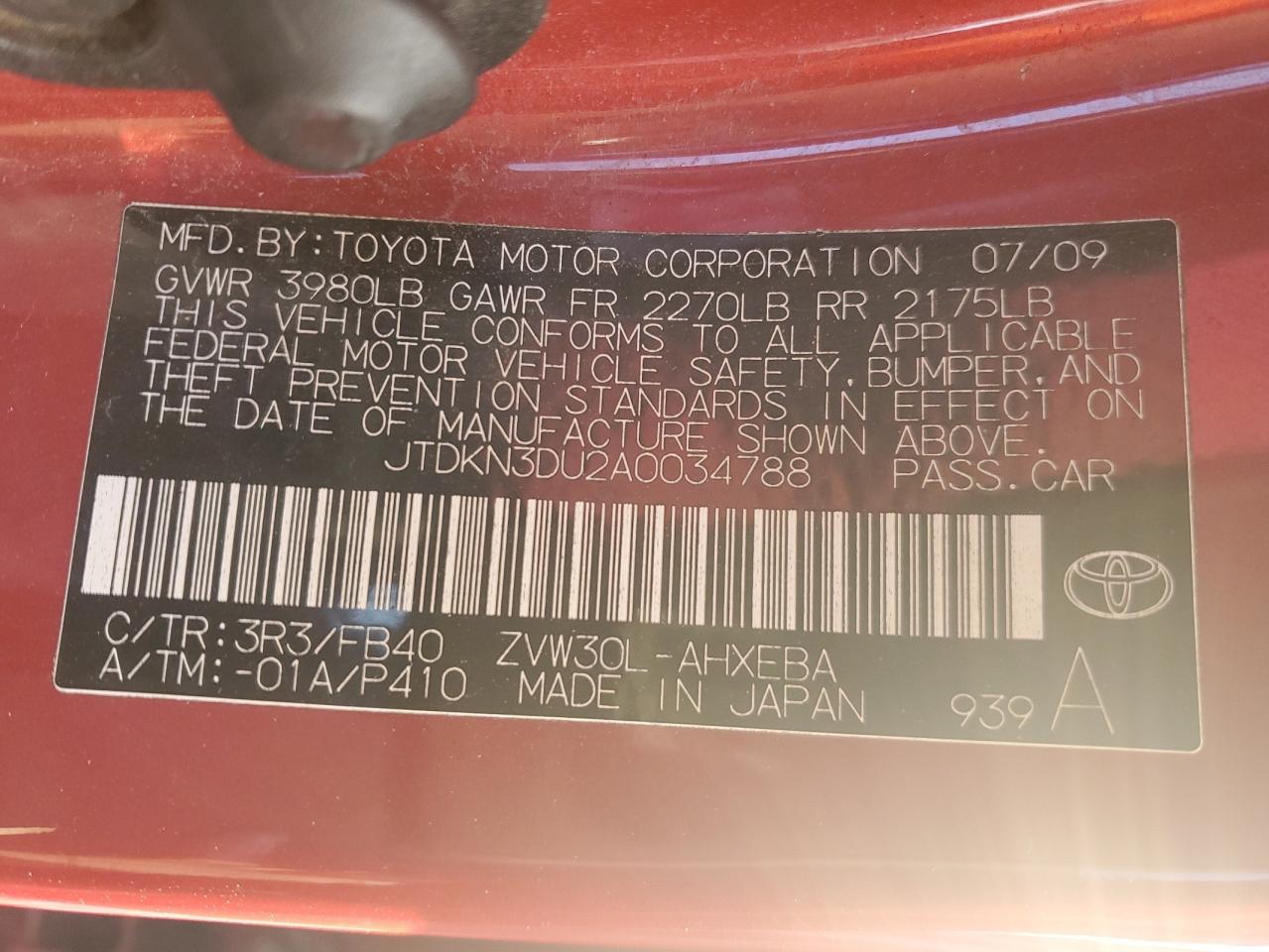 2010 Toyota Prius VIN JTDKN3DU2A0034788 Copart auction photo, front end damage thumbnail 13