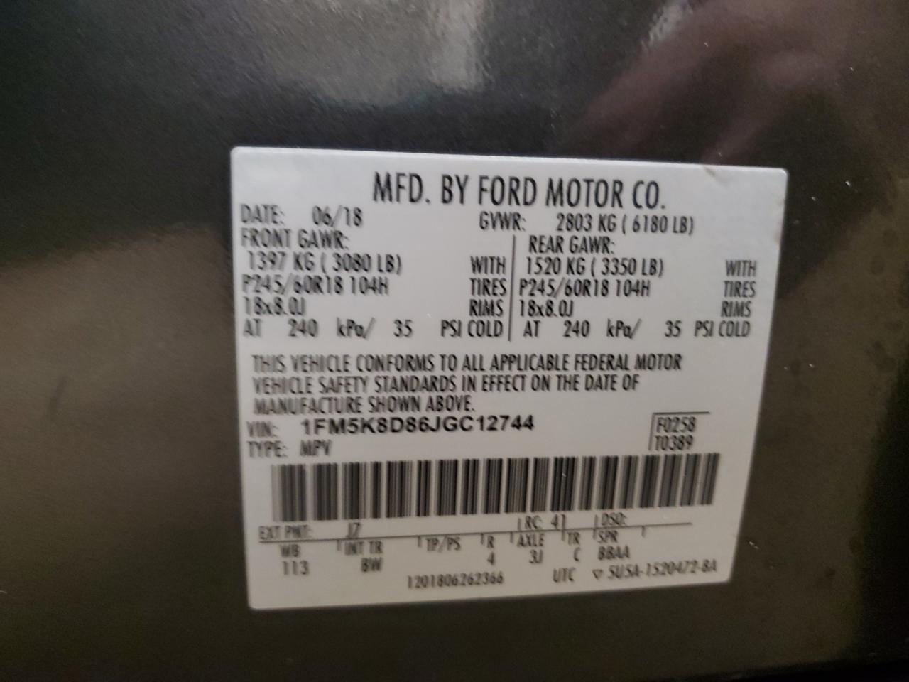 2018 Ford Explorer VIN 1FM5K8D86JGC12744 Copart auction photo, rear end damage thumbnail 13