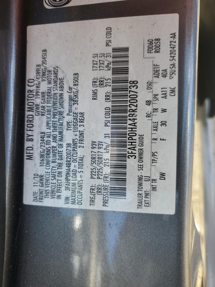 2011 Ford Fusion VIN 3FAHP0HA4BR200738 Copart auction photo, rear end / side damage thumbnail 12
